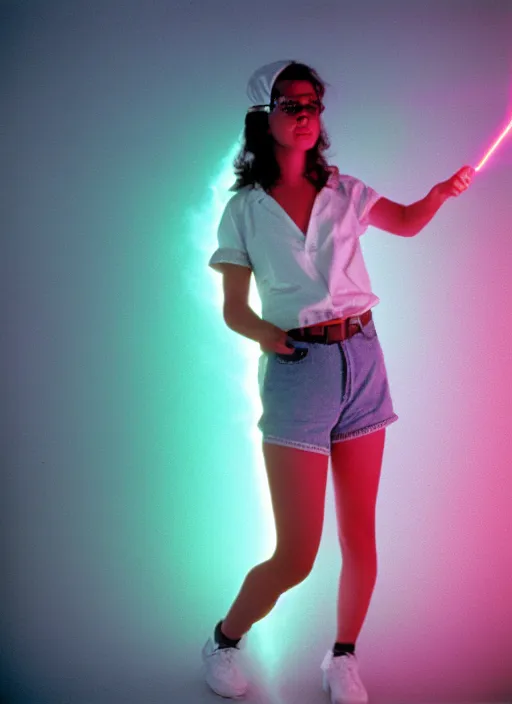 Image similar to realistic photo portrait of a a scientist girl dressed in white shorts, at glowing laser beams in a grey sky, covered with electricity, 1 9 9 0, life magazine photo, natural colors, museum collection, kodak