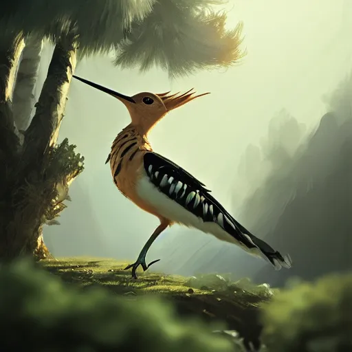 Image similar to hoopoe with big open crest in avila pinewood, 4 k, concept art, by wlop, ilya kuvshinov, artgerm, krenz cushart, greg rutkowski, pixiv. cinematic dramatic atmosphere, sharp focus, volumetric lighting, cinematic lighting, studio quality