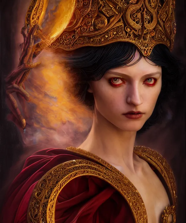 Image similar to hyperrealistic mixed media painting of a beautiful young female sorceress, stunning 3d render inspired art by P. Craig Russell and Barry Windsor-Smith + perfect facial symmetry + dim volumetric lighting, dark black hair, pale skin, ornate crimson robes with gold trim, dizzy, full body, confident heroic pose, 8k octane beautifully detailed render, post-processing, extremely hyperdetailed, intricate, epic composition, grim yet sparkling atmosphere, cinematic lighting + masterpiece, trending on artstation, very very detailed, masterpiece, stunning