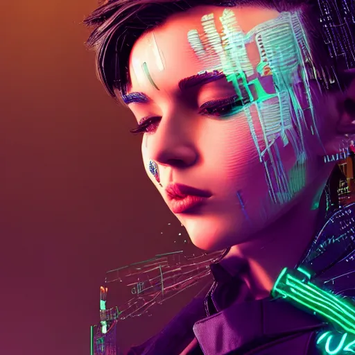 Image similar to epic cartoon women portrait made out of rain, pinstripe suit, short hair, cyberpunk background, rendered in octane, unreal engine, highly detailed, trending on artstation, realistic, splashes of neon, beautiful