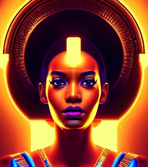 Image similar to symmetry!! egyptian queen of technology, solid cube of light, hard edges, product render retro - futuristic poster scifi, lasers and neon circuits, brown skin beautiful egyptian, queen, intricate, elegant, highly detailed, digital painting, artstation, concept art, smooth, sharp focus, illustration, dreamlike, art by artgerm