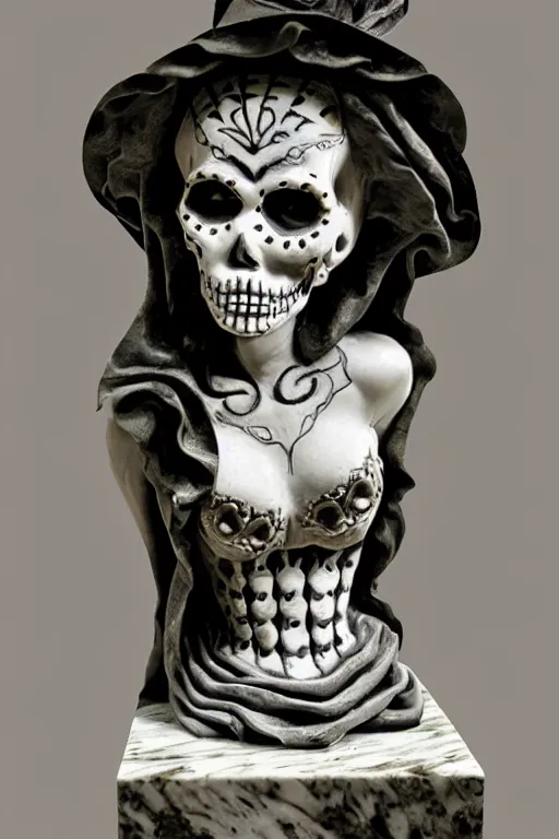 Prompt: La catrina statue sculpted on marble by Bernini