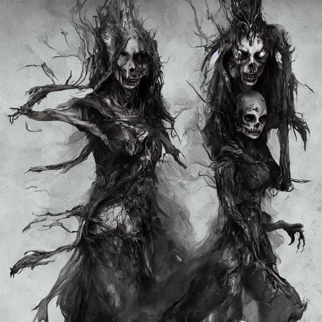 Image similar to female wraith, undead, dynamic pose, skull, terrifying, dark, fog, artstation