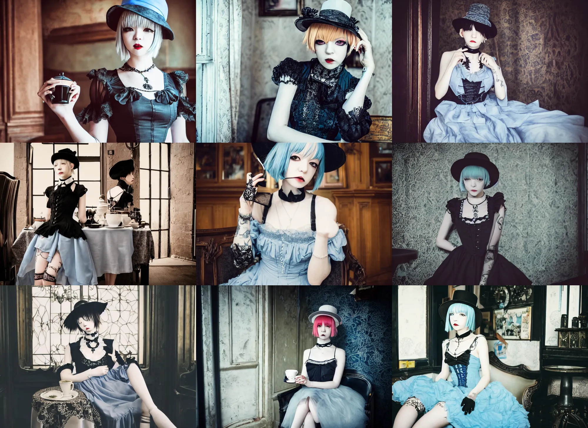 Prompt: full body portrait photo of reol wearing a elegant gothic dress, open top, wearing a chocker and cute hat, drinking tea in a victorian cafe interior, moody, realistic, intricate and detailed, dark, skin tinted a warm tone, light blue filter, hdr, lomography