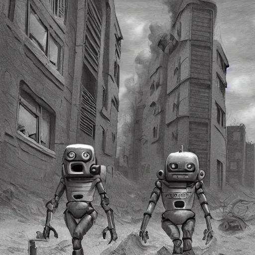 Image similar to two robots in power armor fleeing in a sand covered street, horrible smoke monster made of bones, post apocalypse, ruined subdivision houses, Sci Fi, intricate, elegant, highly detailed, digital painting, artstation, concept art, matte, sharp focus, illustration, art by M. C. Escher