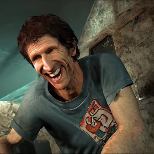 Prompt: A photo of Bethesda Game Studio's Todd Howard manically laughing, 4K UHD, high quality, amazing quality, studio quality, studio lighting