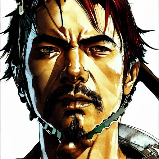 Image similar to portrait of a hero holding his sword in front of his face by yoji shinkawa, high quality, extra details, realism, ornate, colored, golden chain, blood, white skin, short hair, brown eyes, vivid, sunlight, dynamic, american man, freedom