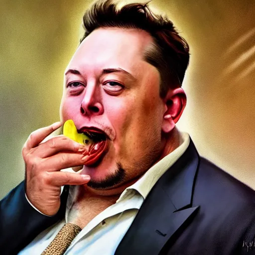 Image similar to stunning award winning hyperrealistic hdr 8 k highly detailed portrait photo of morbidly obese elon musk eating a rocket