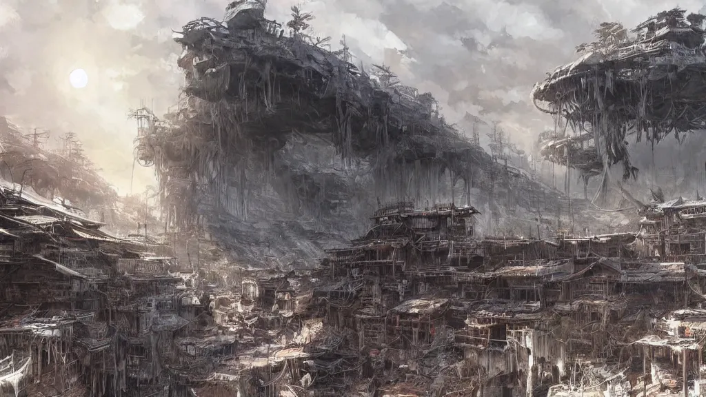 Image similar to post - apocalyspe settlement with houses, hydroponic farms, cave entrance, at dawn, painted by tsutomu nihei, painted by artgerm and greg rutkowski