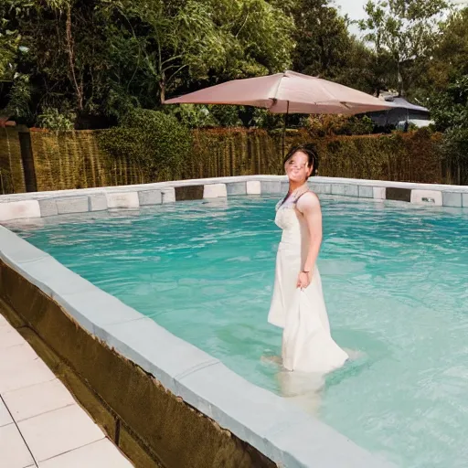 Prompt: wedding cake made of concrete swimming in a pool with kois in it, ladies standing on the edge of the pool, high quality, photo