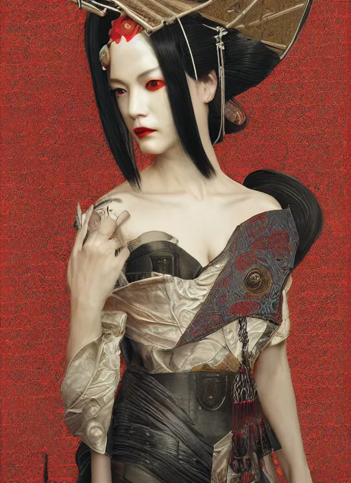 Prompt: portrait of a sensual cyberpunk geisha cyborg with headpiece, imari, modern fine art, fractal, in the style of ghosts in the shell, intricate ornaments, elegant, highly detailed, digital photography, subsurface scattering, by jheronimus bosch and greg rutkowski,