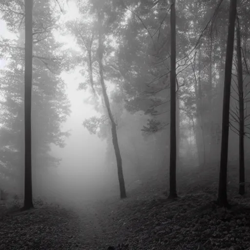 Prompt: A dark and foggy forest at night, a scary creature watching in the distance, black and white, 16mm, cinematic