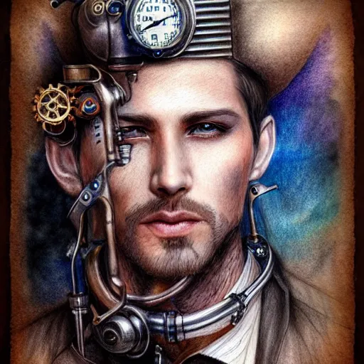 Image similar to hyper realistic pencil drawing of a man steampunk, water color, full portrait, detailed, rim light, diffused, intricate, by anna dittmann,