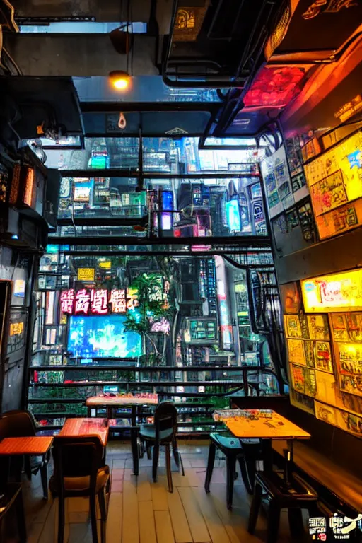 Image similar to full view, from a distance, of cyberpunk cafe in taipei, highly detailed