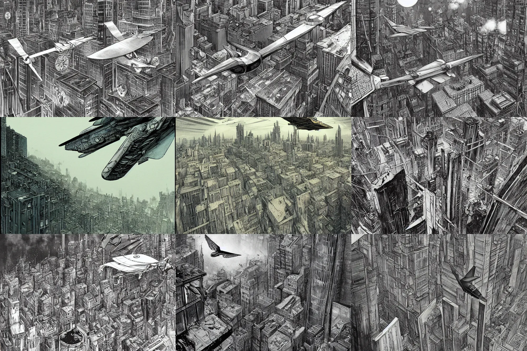 Prompt: A graphic novel illustration of a metallic flying vehicle, soaring above a dense city, moody, grimy, ink splatters, scratches, sci-fi, by François Schuiten, Marvano, trending on Behance,