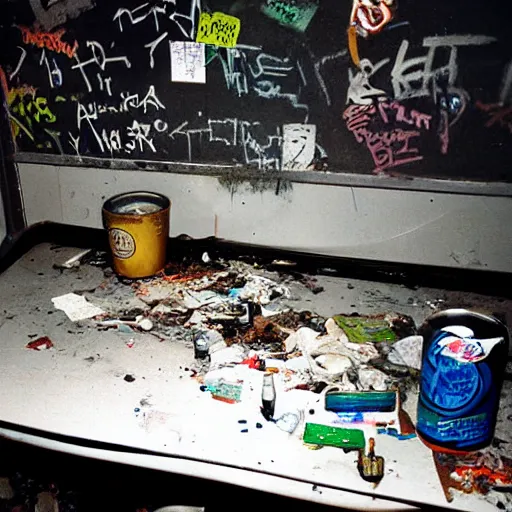Prompt: filthy gross computer desk with computer monitor and keyboard covered in trash and filth and cigarette butts and beer cans and graffiti in a dark poorly lit room. 35mm film
