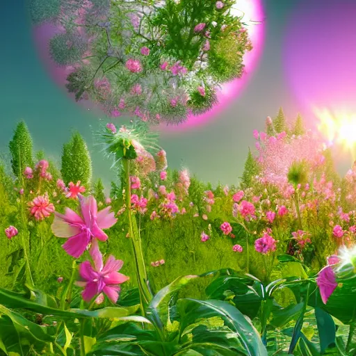 Image similar to hd futuristic blissful idyllic landscape full of cgi flowers and blossoms blooming under a false bright pink sun, hd, hyperrealistic, hyper detailed