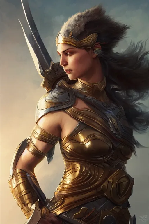 Image similar to amazon valkyrie athena, d & d, fantasy, portrait, highly detailed, headshot, digital painting, trending on artstation, concept art, sharp focus, illustration, art by artgerm and greg rutkowski and magali villeneuve