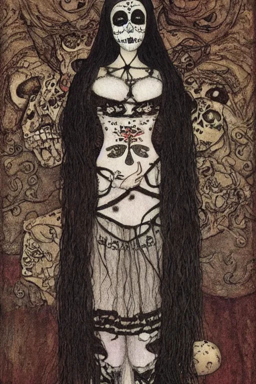 Prompt: Illustration of a day of the dead girl, art by John Bauer