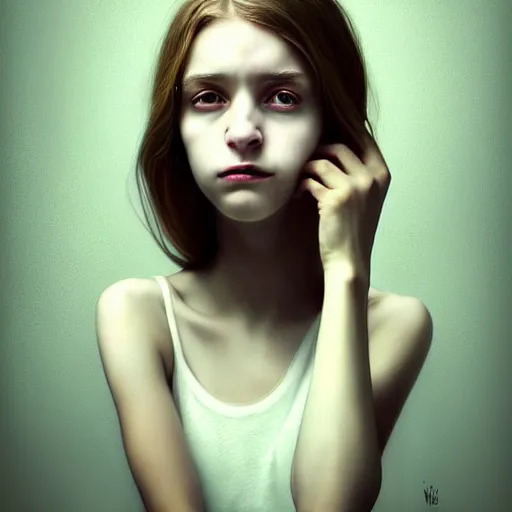 Image similar to beautiful portrait of a hopeless, worthless, lonely, ( young woman ) lawyer, sad, frightening, depressing, miserable, stunning, intelligent, stark, vivid!!, sharp, crisp, colorful!!, ultra ambient occlusion, reflective, universal shadowing, fantasy art, extremely even lighting, art by wlop, dr seuss.