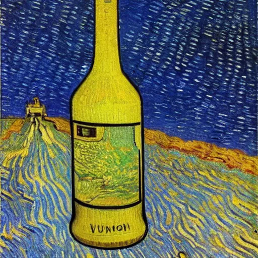 Image similar to a bottle on display filled by the sky painting by van gogh starry night, by van gogh