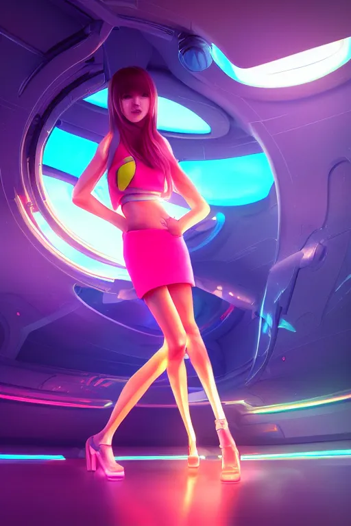 Image similar to digital art of a beautiful girl wearing a neon mini skirt in a futuristic spaceship, expressive, by wlop, by artgerm, anime style, octane render, full body shot