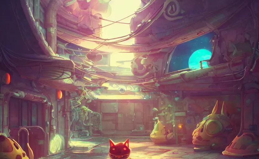 Image similar to an alien cat sleeping in a alleyway in a space opera utopian studio ghibli animated film, global illumination, beautiful composition, volumetric lighting, octane render by artgerm, loish, alena aenami, highly detailed
