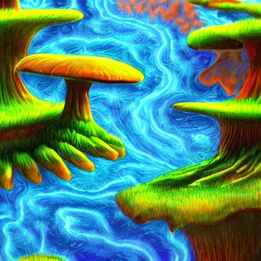 Image similar to psychedelic mushroom kingdom, dmt, landscape, river, trending on artstation, detailed, realistic, photo