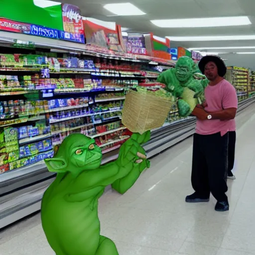 Image similar to a mix between Hulk and Yoda and Dobby and gollum buying groceries in a seven eleven, center frame medium shot, shot on technicolor cinemascope 35mm anamorphic lense, flare