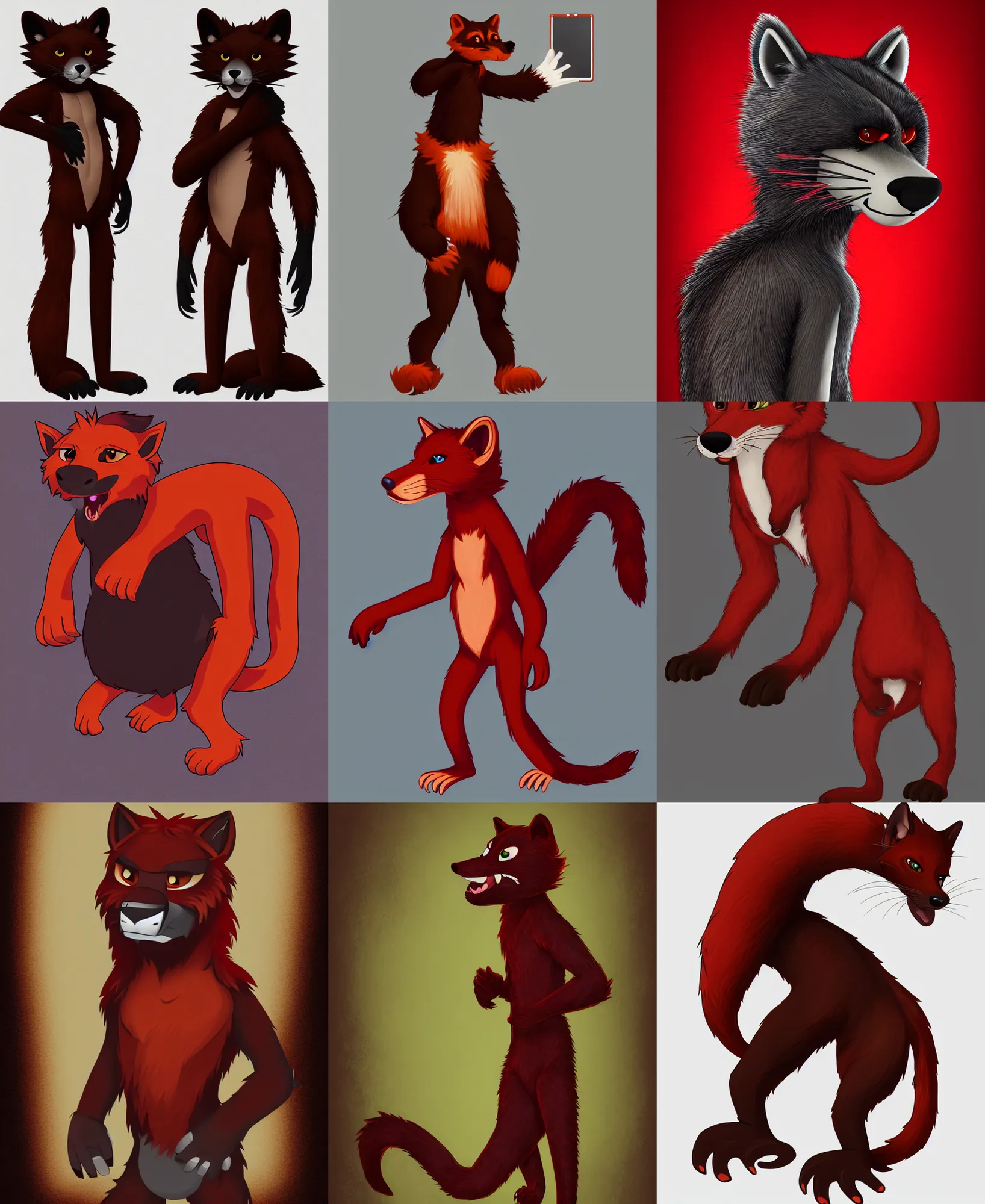 Prompt: fullbody photoshoot photo portrait of a roguish male red - black furred bipedal weasel furry fursona, photorealistic