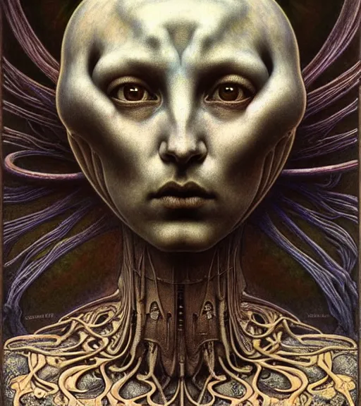 Image similar to detailed realistic beautiful young medieval alien robot grimez face portrait by jean delville, gustave dore and marco mazzoni, art nouveau, symbolist, visionary, gothic, pre - raphaelite. horizontal symmetry by zdzisław beksinski, iris van herpen, raymond swanland and alphonse mucha. highly detailed, hyper - real, beautiful, fractal baroque