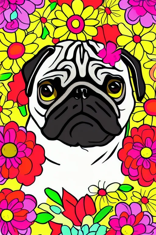 Image similar to portrait of a flower pug, art by milka oxana, sticker, colorful, illustration, highly detailed, simple, smooth and clean vector curves, no jagged lines, vector art, smooth