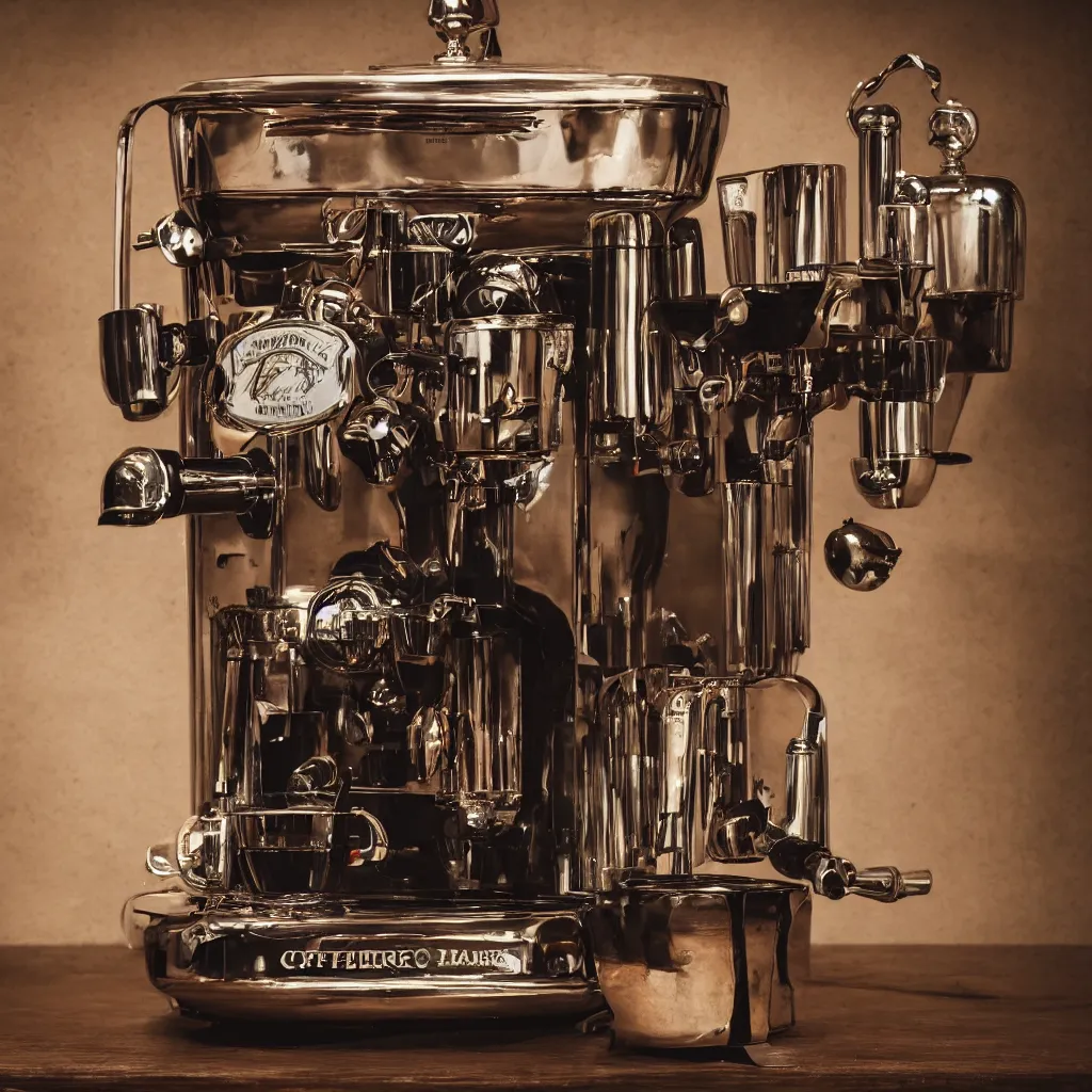 Image similar to wide angle photography of a historic coffee machine, by simon stalenhaag, by louis daquerre, product photography, small depth of field, fresh colors, 4k, highly detailed, trending on artstation