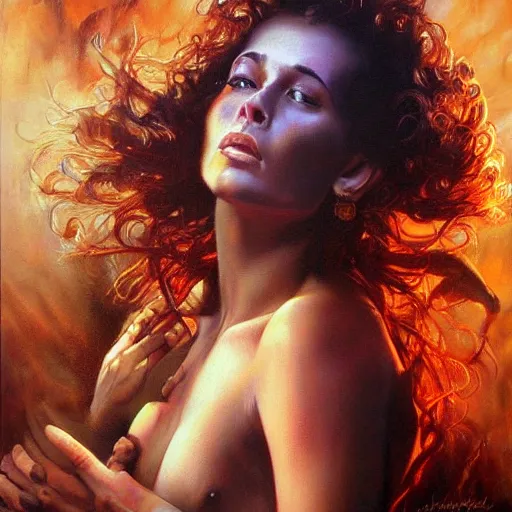 Prompt: detailed portrait of mind blown intricate, hyper detailed, realistic, oil painting, by julie bell, frank frazetta, cinematic lighting