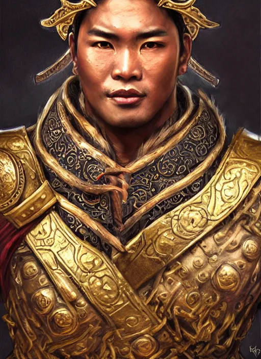 Image similar to king ramkhaheang, close portrait, historical, ethnic group, traditional tai costume, bronze headset, leather shoulder armor, fantasy, intricate, with leather armor cross onbare chest, elegant, loin cloth, highly detailed, oill painting, artstation, concept art, matte, sharp focus, illustration, hearthstone, art by earl norem