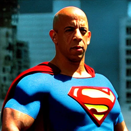 Image similar to film still of vin diesel as superman, film grain