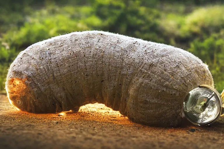 Image similar to a giant grub with a lightbulb on its tail, high resolution film still, HDR color, 8k