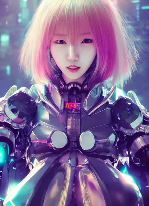 Image similar to a highly detailed portrait of a kpop idol mecha girls in spiked cyberpunk bioarmor trending on artstation by yoshitake amano, cyberpunk light, holographic undertones, 3 d cg, octane rendered, futuristic, 2 k aesthetic, dramatic lighting, 4 k, highly saturated colors