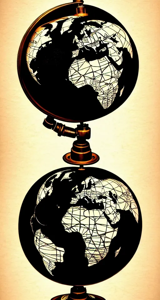 Image similar to steampunk rotating globe, high details, lineart, by vincent di fate, inking, 3 color screen print, masterpiece, trending on artstation, sharp, high contrast, hyper - detailed, photo realism, hd, 4 k, 8 k