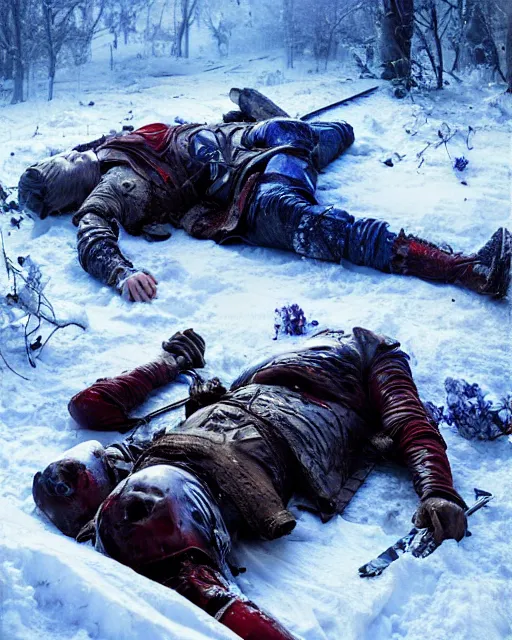 Image similar to Highly realistic oil painting of a wounded knight lying in the snow, surrounded by blue flowers, blood on flowers, by greg rutkowski, highly detailed, cinematic lighting, moody, dark