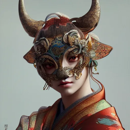 Image similar to a photorealistic dramatic fantasy render of a beautiful woman wearing a beautiful intricately detailed japanese cow kitsune mask and clasical japanese kimono by wlop, artgerm, greg rutkowski, alphonse mucha, beautiful dynamic dramatic dark moody lighting, shadows, cinematic atmosphere, artstation, concept design art, octane render, 8 k