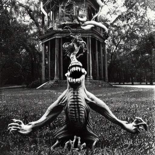 Image similar to shot of a complex cronenbergian disgusting and montruous creature in louisiana, southern gothic, photograph by diane arbus, bayou