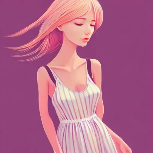 Image similar to happy adult female in sundress, summer dress, pastel light pink very long hair, muted colors, matte print, pastel colors, ornate, digital art, digital painting, fan art, elegant, artstation, head is centered, by Ilya Kuvshinov