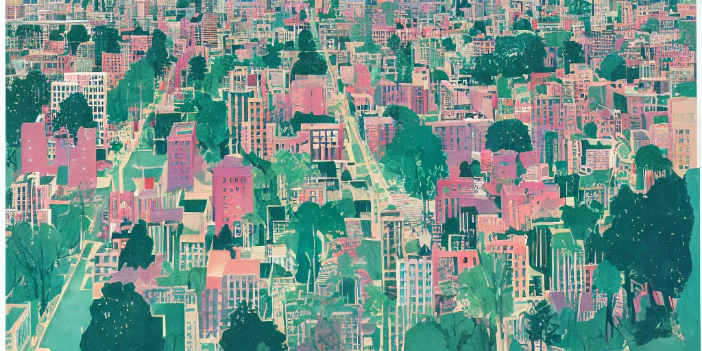 Prompt: watercolor, seattle city by david hockney, victo ngai