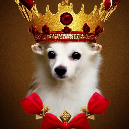 Image similar to fluffy white chihuahua king wearing a red and gold crown cinematic composition, digital art, cute