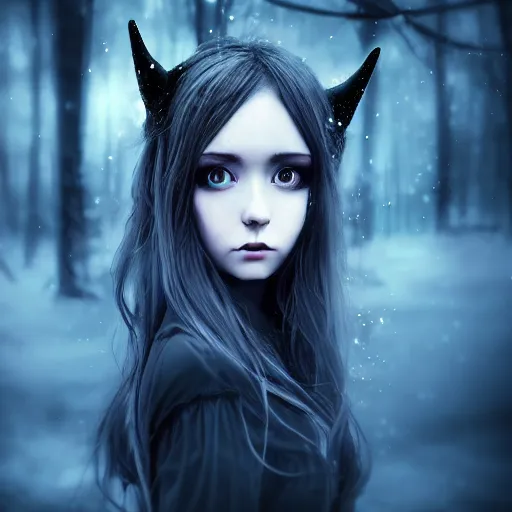 Prompt: focus face portrait of beautiful darkness witch 3D anime girl, dark forest background, snowing, bokeh, inspired by Tim Burton, digital painting, high contrast, unreal engine render, volumetric light, high détail