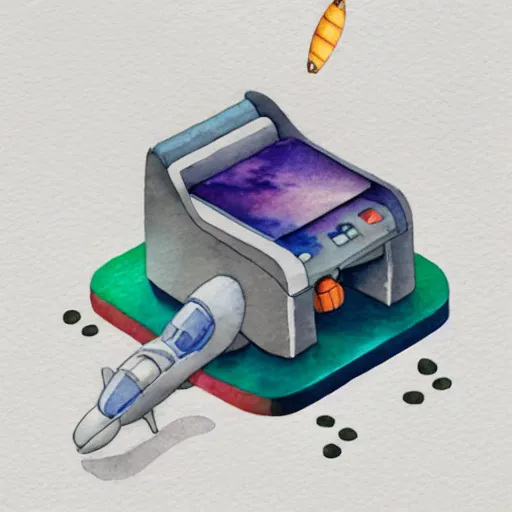 Image similar to isometric watercolor illustration of a printer floating in space