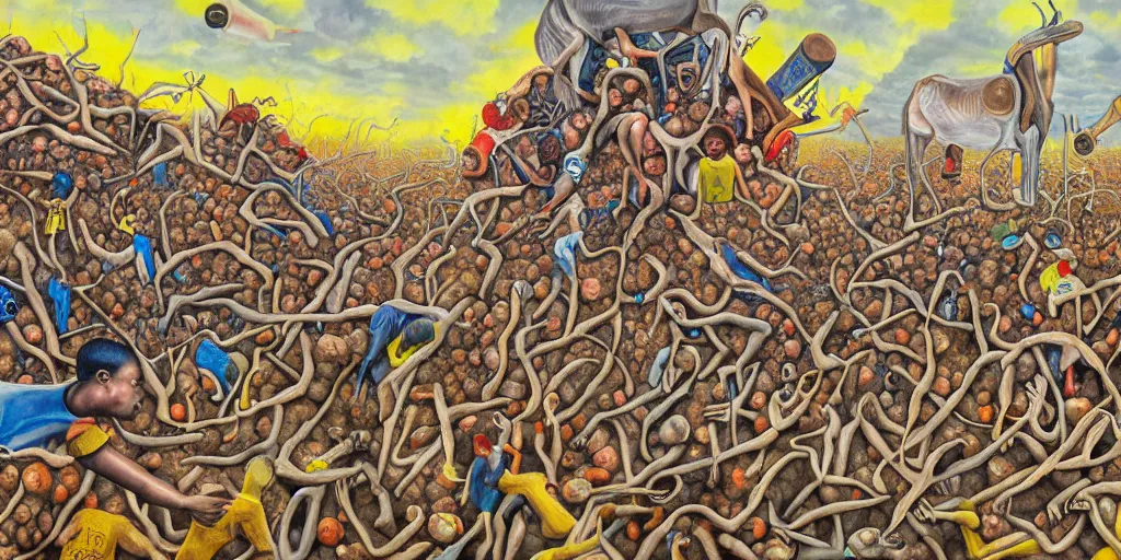 Image similar to painting by max earnst, disease decimating a global population