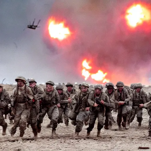 Image similar to american soldiers running at the camera during normandy beach landing with fiery explosions and debris all around them in the style of the movie lone survivor and saving private ryan, gritty, 4 k, cinematic lighting,