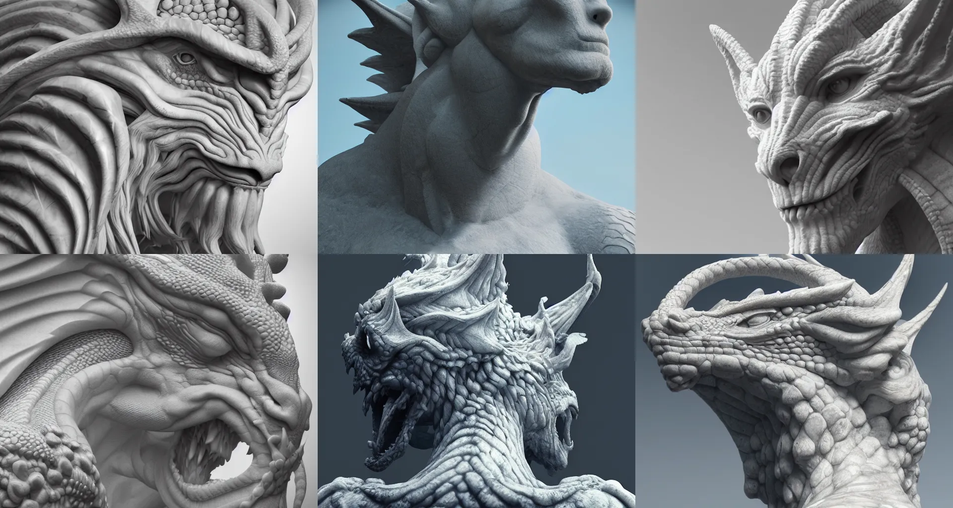 Prompt: marble white statue of a dragon, photo of the head of a statue, featured in artstation, octane render, cinematic, elegant, intricate, 8k